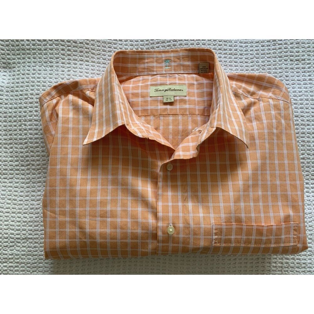 Tommy Bahama Plaid Shirt Peach White Button Up et Men Size 16.5 x 34-35